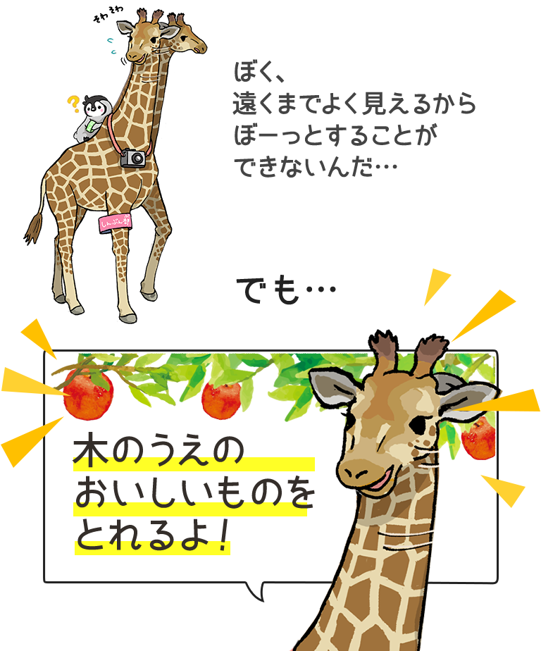 ぼく、遠くまでよくみえるからぼーっとすることができないんだ・・・　でも・・・木のうえのおいしいものをとれるよ！